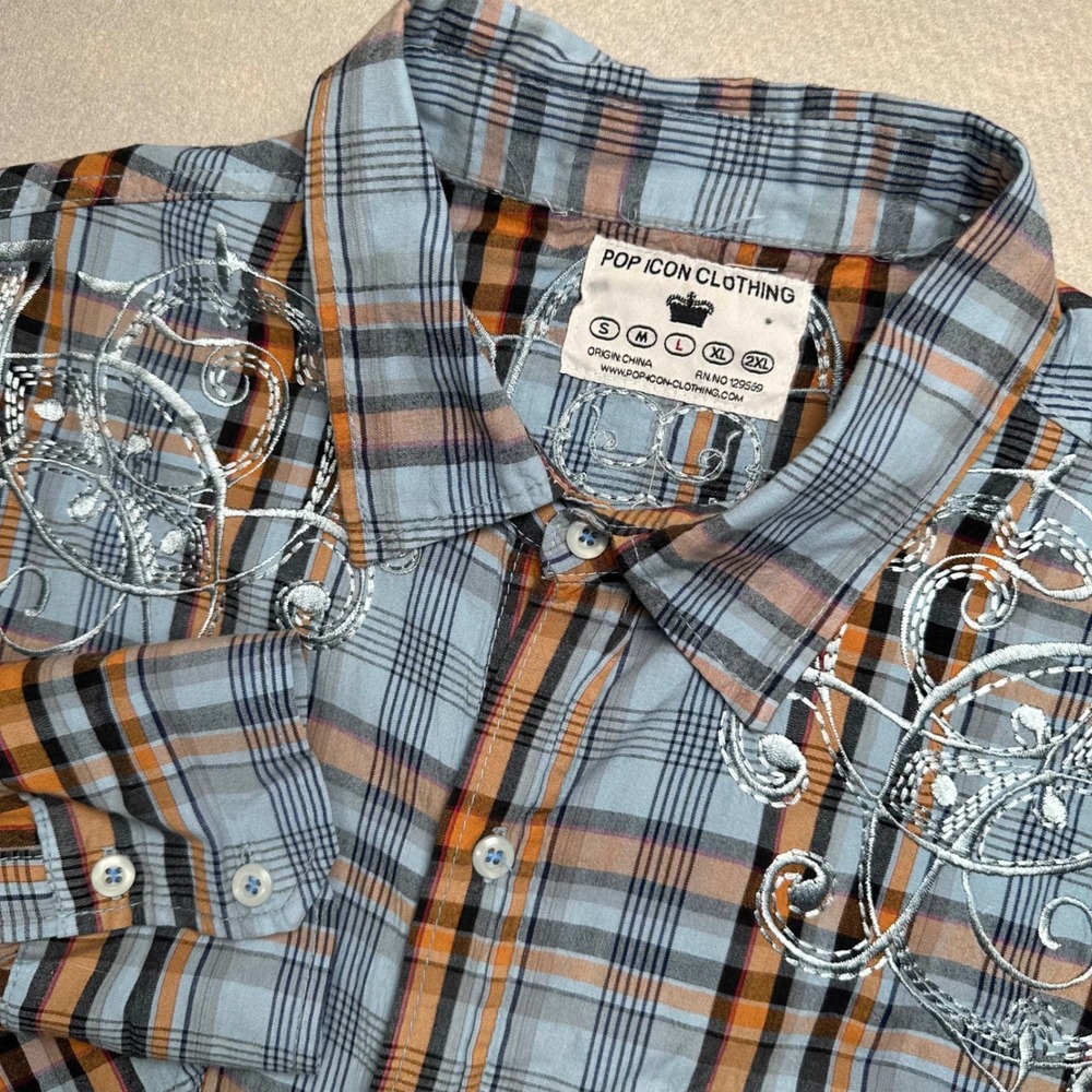 Pop Icon Clothing Button Down Mens Large Blue Orange Plaid Embroidered Y2K Shirt